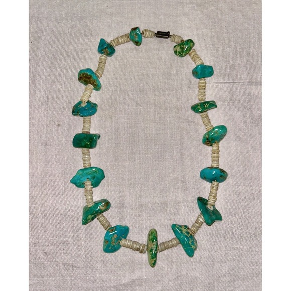 Native American Jewelry - Vintage Taxco TD-29 Heishi Turquoise Slab Necklace Native Mexico Heavy Navajo?